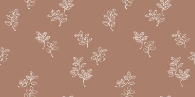 Pastel pürüzsüz vektör desenli minimalist beyaz çizgi bej arka planda yaprakları olan dallar çizdi. Zarif tekstil, duvar kağıdı, ambalaj ve modern grafik tasarımları için sade doğa.