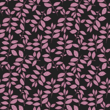 Siyah arka planda koyu kırmızı yapraklar olan kusursuz bir desen. Zarif botanik tasarımı tekstil, ambalaj, duvar kağıdı ve davetiyeler için mükemmeldir..