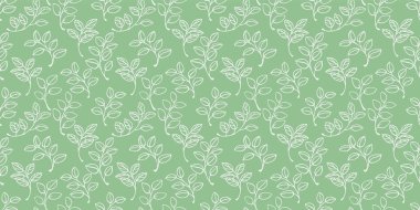 Pastel yeşil arka planda beyaz yapraklı dalların kusursuz vektör deseni. Eko-temalı projeler, kırtasiye, tekstil ve ambalaj için yumuşak ve minimalist bir tasarım ideal.