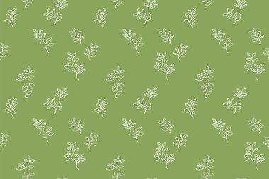 Yeşil arka planda dizilmiş minimalist çizgi çizim yaprakları içeren kusursuz vektör deseni. Tekstil ürünleri, ambalaj kağıtları, duvar kağıtları, eko marka tasarımları için basit doğa süsü..