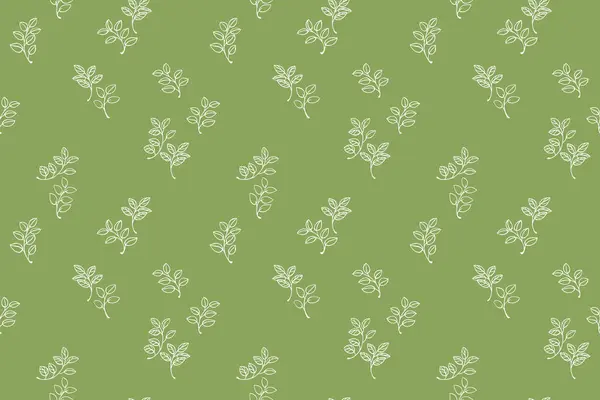 Yeşil arka planda dizilmiş minimalist çizgi çizim yaprakları içeren kusursuz vektör deseni. Tekstil ürünleri, ambalaj kağıtları, duvar kağıtları, eko marka tasarımları için basit doğa süsü..