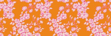 Kusursuz çiçek desenleri, koyu turuncu arka planda narin yaprakları olan yumuşak pembe çiçekleri gösteriyor. Tekstil, duvar kağıdı, ambalaj ve kırtasiye için mükemmel. Canlı ve kadınsı tasarım.