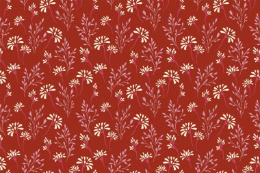 Çiçeklerle süslenmiş kusursuz çiçek desenleri ve sıcak kahverengi bir arka planda narin sapları var. Tekstil, hediye paketi, duvar kağıdı, sade baskı süsü ve diğer dekoratif projeler için mükemmel..