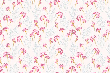 Kusursuz çiçek deseni, açık arkaplanda mavi saplı pembe papatyalar. Yaz temalı projeler, kırtasiye, tekstil ve hediye paketleri için mükemmel..
