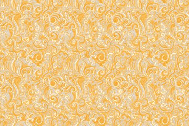 Sarı arka planda mavi ve beyaz tonlarda karmaşık girdap çizgileri olan kusursuz vektör deseni. Zarif, narin ve dekoratif, kadınsı tasarımlar, tekstil, duvar kağıtları, ambalaj için ideal.