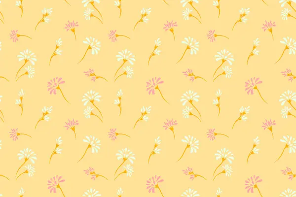 Yumuşak sarı arka planda sapları olan narin papatyaları olan kusursuz çiçek deseni. Vektör, eşsiz bir çiçek izi çizdi. Bahar temalı projeler, kırtasiye malzemeleri, tekstil için tasarım