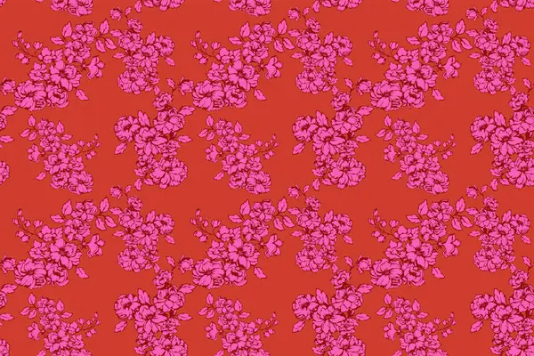 Kalın, pürüzsüz çiçek desenli, parlak kırmızı arka planda pembe çiçekler. Tekstil, moda, ev dekorasyonu ve dijital tasarım projeleri için yazdırma süsü