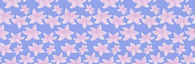 Pastel mavi arka planda yumuşak pembe eşsiz çiçeklerle kusursuz vektör deseni. Hafif, narin ve kadınsı tasarım, kumaşlar, ambalajlar, duvar kağıtları, kırtasiye malzemeleri, markalaşma için mükemmel.