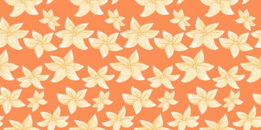 Ilık turuncu arka planda parlak sarı tropikal çiçekleri olan kusursuz bir vektör deseni. Cesur, canlı çiçek tasarımı kumaşlar, duvar kağıtları, ambalaj kağıtları ve yaz temalı projeler için idealdir..