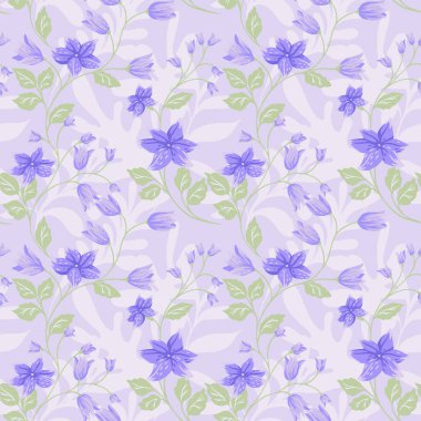 Beyaz lavanta arka planında pastel menekşe ve mor çiçekli kusursuz vektör deseni. Zarif çiçekleri ve yaprakları olan zarif botanik tasarımı, tekstil, duvar kağıtları, moda için ideal.
