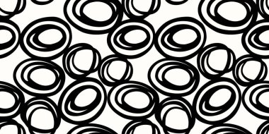 Beyaz arka planda siyah yuvarlak şekiller çizen kusursuz soyut desenler. Modern tekstil, hediye ambalajı, duvar kağıtları, markalaşma ve kırtasiye tasarımı için basit süs baskısı.