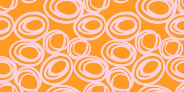 Canlı turuncu arka planda, el çizimi daire şeklinde yumuşak pembe şekilli kusursuz soyut vektör deseni. Kalın ve modern tasarım, tekstil, ambalaj, duvar kağıtları ve moda baskı için mükemmel.