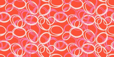 Üst üste binen el çizimlerinin kusursuz soyut deseni parlak turuncu mercan arka planda beyaz ve pembe tonlarda daireler çiziyor. Modern kumaşlar, duvar kağıtları, grafik tasarımı için sade vektör süslemesi