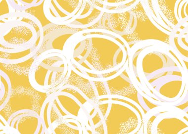 Beyaz, pastel pembe ve bej renkli, parlak sarı arkaplanlı el kaplamalı daireler çizen oyuncu, pürüzsüz vektör deseni. Desenli detaylar derinlik ekler, modern tasarımlar ve tekstil için idealdir
