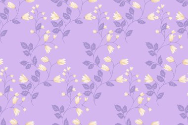 Menekşe, mor, lavanta arkaplan üzerinde küçük yapraklar olan narin çiçek tomurcukları içeren vektörsüz desen. Zarif tekstil tasarımları, duvar kağıtları, kırtasiye malzemeleri, modaya uygun.