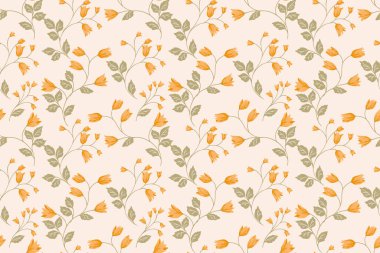 Narin sarı çan çiçekleri ve yumuşak ışık arka planında yeşil yaprakları olan kusursuz bir vektör deseni. Zarif ve romantik, tekstil, duvar kağıtları, ambalaj, düğün tasarımları, kırtasiye malzemeleri için mükemmel..