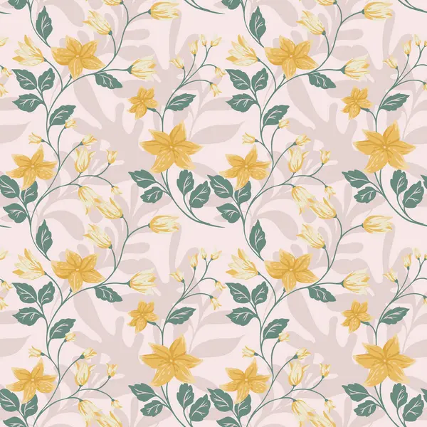 Hafif arka planda sarı çiçekli kusursuz vektör deseni. Zarif çiçekleri ve yaprakları olan zarif botanik tasarımı, tekstil, duvar kağıtları, moda, dekor için ideal.