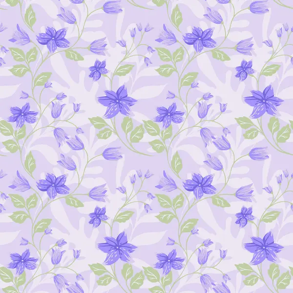 Beyaz lavanta arka planında pastel menekşe ve mor çiçekli kusursuz vektör deseni. Zarif çiçekleri ve yaprakları olan zarif botanik tasarımı, tekstil, duvar kağıtları, moda için ideal.