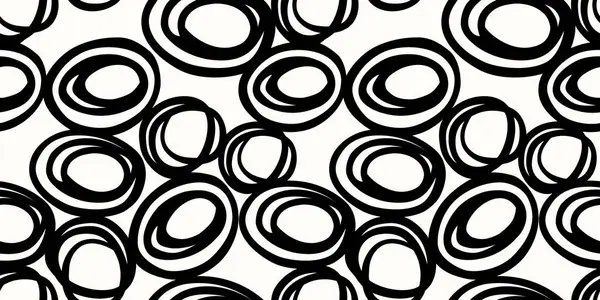 Beyaz arka planda siyah yuvarlak şekiller çizen kusursuz soyut desenler. Modern tekstil, hediye ambalajı, duvar kağıtları, markalaşma ve kırtasiye tasarımı için basit süs baskısı.