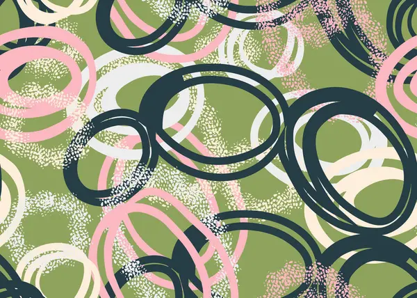 Yeşil arka planda beyaz, pembe ve siyah çizgili el çizimi daireleri olan oyuncu, pürüzsüz vektör deseni. Desenli detaylar derinlik ekler, modern tasarımlar, tekstil ve markalaşma için idealdir.