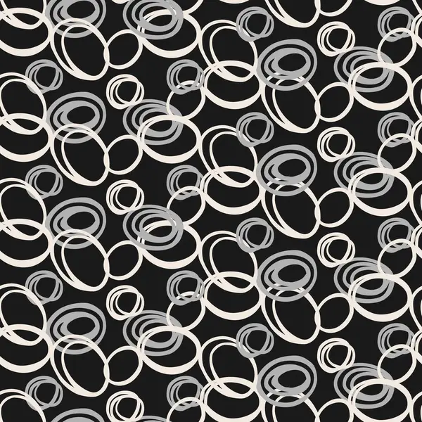 Siyah arka planda beyaz ve gri çizgili el çizimi daireleri olan kusursuz vektör deseni. Soyut, eğlenceli ve modern tasarım, tekstil, duvar kağıtları, ambalaj ve yaratıcı