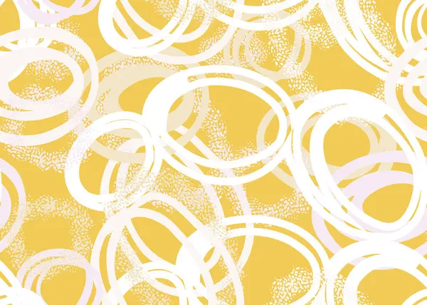 Beyaz, pastel pembe ve bej renkli, parlak sarı arkaplanlı el kaplamalı daireler çizen oyuncu, pürüzsüz vektör deseni. Desenli detaylar derinlik ekler, modern tasarımlar ve tekstil için idealdir