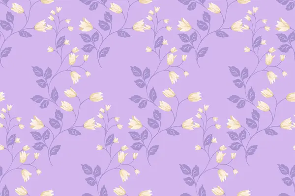 Menekşe, mor, lavanta arkaplan üzerinde küçük yapraklar olan narin çiçek tomurcukları içeren vektörsüz desen. Zarif tekstil tasarımları, duvar kağıtları, kırtasiye malzemeleri, modaya uygun.
