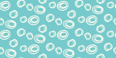 Soyut el çizimleriyle turkuaz üzerine beyaz daireler çizilmiş kusursuz vektör deseni, mavi arkaplan. Modern, cesur ve şık tasarım, tekstil, duvar kağıtları, markalaşma ve yaratıcı projeler için mükemmel.