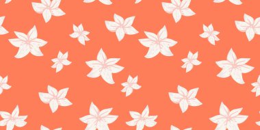 Renkli turuncu arka planda, basit el çizimi beyaz çiçeklerle kusursuz vektör deseni. Kumaş, duvar kağıdı, ambalaj ve yaz temalı tasarım projeleri için ideal.