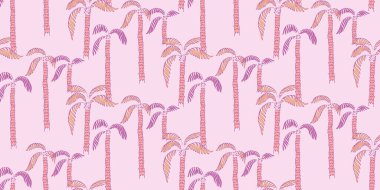 Pembe arka planda desenli gövdesi ve yaprakları olan tekrarlayan palmiye ağaçlarını içeren vektörsüz desen. Tropikal tasarımlar, tekstil, duvar kağıtları ve dijital baskılar için mükemmel.