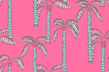 Kusursuz bir vektör deseni ve soyut el çizimi palmiye ağaçları parlak pembe bir arka planda mavi tonda. Tropikal ve sanatsal, yaz temalı tasarım için mükemmel tekstil, duvar kağıtları, moda, markalaşma