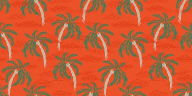 Elle çizilmiş palmiye ağaçları, okyanus dalgaları ve canlı kırmızı arka planda dokulu detaylarla kusursuz tropikal desenler. Plaj giysileri, yaz tasarımları, duvar kağıtları, egzotik temalı dekorasyonlar için ideal..