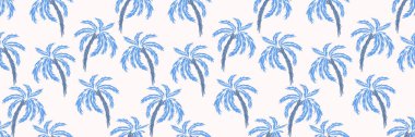 Beyaz arka planda mavi tonlarda çizilmiş el palmiyeleri içeren kusursuz tropikal vektör deseni. Yaz tekstil ürünleri, plaj giysileri, duvar kağıtları ya da egzotik markalaşma için mükemmel.