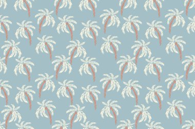 Kusursuz bir vektör deseni var. Mavi arka planda ışık yapraklı ve gövdeli stilize palmiye ağaçları var. Tropikal temalı tasarımlar, tekstil, duvar kağıtları ve plaj giysileri için ideal.