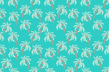 Turkuaz arka planda yaprakları ve gövdesi olan stilize palmiye ağaçları içeren kusursuz bir vektör deseni. Tropikal temalı tasarımlar, tekstil, duvar kağıtları ve plaj giysileri için ideal.
