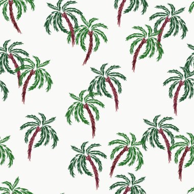 Beyaz arka planda yemyeşil yapraklı, elle çizilmiş palmiye ağaçları olan kusursuz tropikal vektör deseni. Zarif ve egzotik, yaz modası, tekstil, duvar kağıdı ve markalaşma için mükemmel.