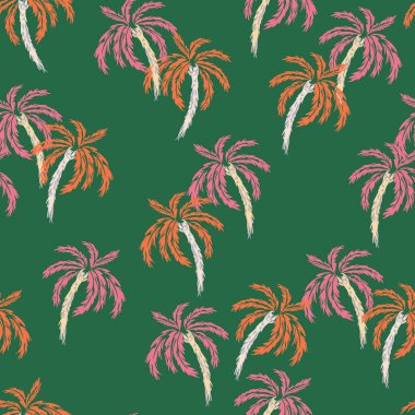 Pembe, turuncu ve koyu yeşil arka planda kremalı el çizimi palmiye ağaçları olan kusursuz tropikal vektör deseni. Canlı ve egzotik, yaz modası, tekstil, duvar kağıdı ve markalaşma için mükemmel.