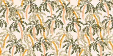 Artistik fırça darbesi dokusu olan kusursuz tropikal palmiye ağacı vektör deseni. Yeşil ve yeşil palmiye yapraklı açık arkaplan. Yaz modası, tekstil, duvar kağıtları ve markalaşma için mükemmel..
