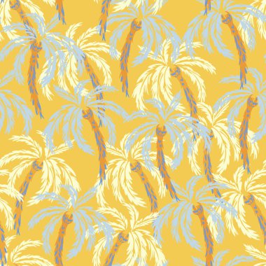Parlak sarı arkaplanda koyu beyaz ve mavi tonlarda tropikal palmiye ağaçları çizilmiş renksiz vektör deseni. Egzotik, dinamik ve moda, yaz tekstil ürünleri ve duvar kağıtları için mükemmel.