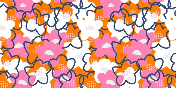 Pembe ve turuncu tonlarında soyut çiçek unsurları olan canlı, pürüzsüz vektör deseni. Oyuncu ve modern, tekstil, duvar kağıtları, ambalaj, moda, kırtasiye ve dijital projeler için mükemmel