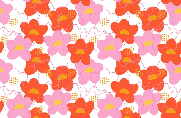 Soyut turuncu ve pembe çiçekli kusursuz vektör deseni, sarı merkezler ve beyaz arka planda ince çizgiler. Modern, cesur ve sanatsal, tekstil ve duvar kağıtları için mükemmel.