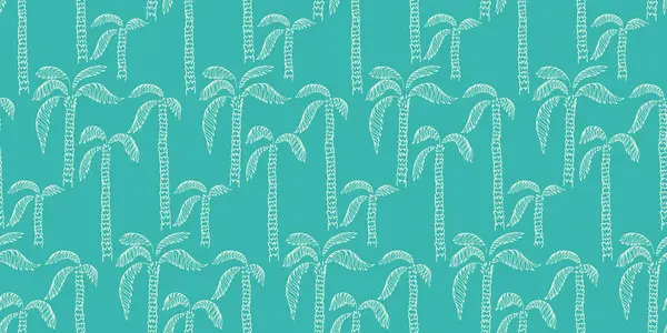 Sarkık gövdeli ve turkuaz arka planda kıvrımlı yapraklı, el yapımı palmiye ağaçlarının kusursuz vektör deseni. Tropikal, minimalist ve zarif, moda, tekstil, duvar kağıtları