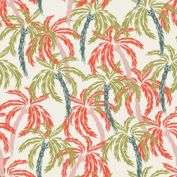 Açık arkaplanda koyu kırmızı ve yeşil tonlarda elle çizilmiş tropikal palmiye ağaçları ile canlı, pürüzsüz vektör deseni. Egzotik, dinamik ve moda, yaz tekstil ürünleri, duvar kağıtları, markalaşma için mükemmel.