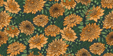 Çiçeksiz çiçek desenli bir yaz çayırı. Soyut sanatsal sarı çiçekler ve yeşil arka planda yaprak izi. Vektör çizilmiş botanik illüstrasyon. Tasarımlar için doğa süsü