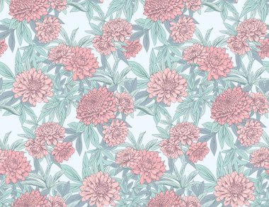 Pastel, kusursuz çiçek deseni açıyor. Soyut sanatsal kasımpatı şakayıkları dallardaki yıldız çiçekleri iz bırakır. Vektör çizimi. Doğa süsü.