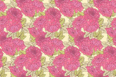 Yaz ya da bahar, dikişsiz çiçek deseni. Çiçek açan pembe çiçekler ve yeşil yapraklı arka plan izleri. Vektör çizimi. Tasarım, kumaş ve tekstil için doğa süsü.