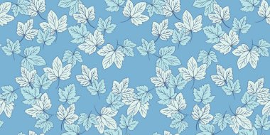 Mavi arka planda akçaağaç yaprakları olan kusursuz desen. Yumuşak, pastel yapraklar doğal, zarif bir tasarım yaratıyor. Kumaş, duvar kağıdı ve kırtasiye için mükemmel.