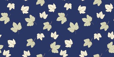 Koyu donanma arka planında yapraklar olan minimalist, pürüzsüz desen. Basit zarif tasarım kumaş, duvar kağıdı, ambalaj, ev dekorasyonu, doğal ve şık bir dokunuş için mükemmeldir..