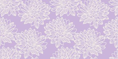 Minimalist, pürüzsüz çiçek desenli, geniş, ayrıntılı çizgili çiçekler. Pastel mor menekşe arkaplan. Modern tekstil, ambalaj, duvar kâğıdı ve ev dekorasyonu için mükemmel..