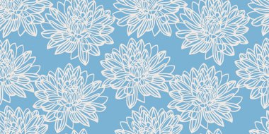 Mavi arka planda geniş beyaz çizgili çiçekleri olan minimalist, pürüzsüz çiçek deseni. Modern tekstil, ambalaj, duvar kağıdı, ev dekorasyonu, sofistike tek renkli görünüş için mükemmel..